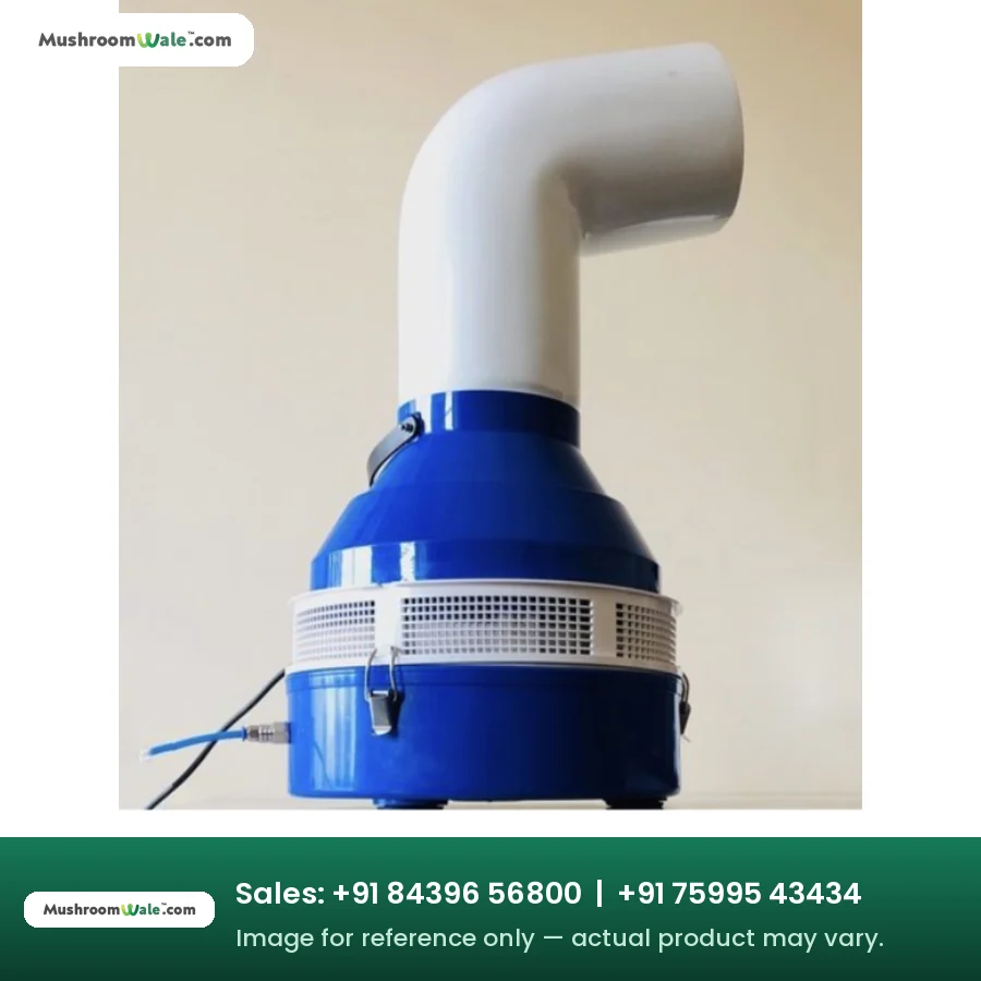 Mushroom farm humidifier unit generating uniform fine mist on a steel frame base