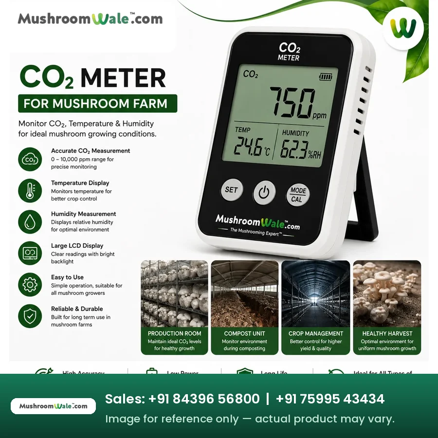 Digital CO2 meter showing CO2, temperature and humidity readings for mushroom farms