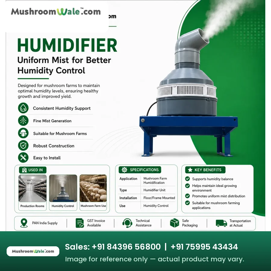 Mushroom farm humidifier unit generating uniform fine mist on a steel frame base
