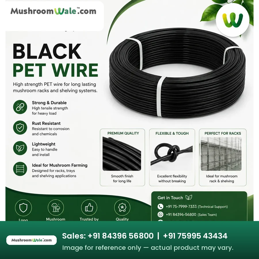Coil of black high tensile PET wire used for mushroom growing racks